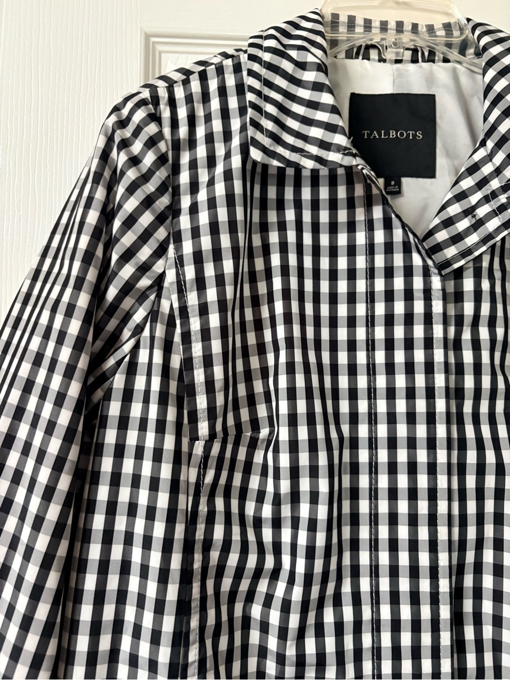 Talbots Classic Gingham Mac Black & White Button-Up Raincoat Trench Size 8 - Picture 7 of 16